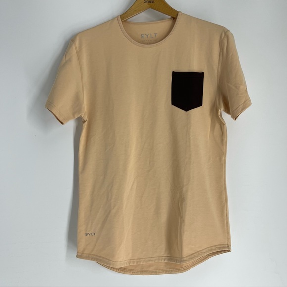 Bylt Shirt Mens Medium Tan Black Drop Cut Short Sleeve Luxury Pocket Lightweight - Picture 1 of 10